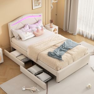 Cama estofada 90x200cm com LED e 2 gavetas linho – bege