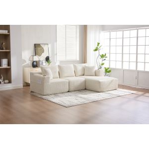 Sofá de canto modular em chenille bege 3 lugares com bolsos laterais