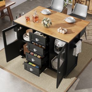 Ilha de cozinha com rodas em mdf e metal preto com mesa rebatível