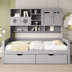 Sofá cama madeira 90x200cm com arrumação e gavetas cinza