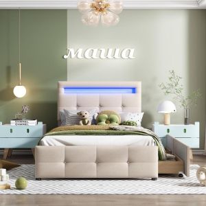 Cama infantil 90x200cm bege com LED, 2 gavetas e cabeceira ajustável