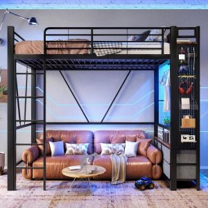 Cama alta metálica 90x200cm com 4 gavetas, prateleiras,LED e usb preto