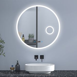 Espelho de casa de banho redondo 60×60cm + relógio + lupa