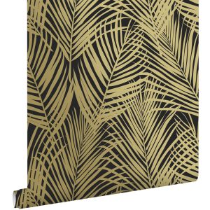 Estahome papel de parede folhas de palmeira pretoedourado 53 cm x 10.05 m