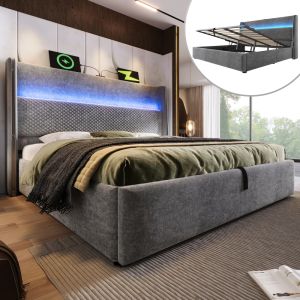 Cama de casal 180x200cm com arrumação LED e usb linho – cinzento