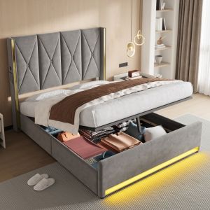 Cama estofada 160x200cm com arrumação veludo cinzento escuro