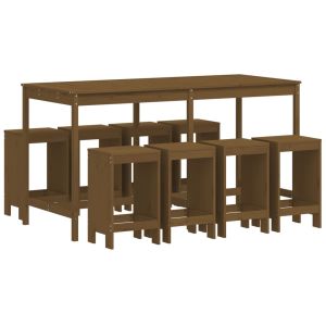 vidaXL mesa y taburetes altos de jardín 9 pzas madera pino marrón miel