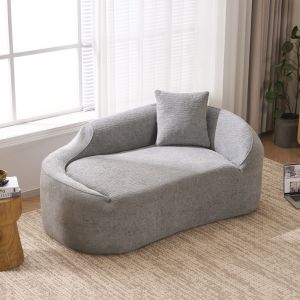 Sofá chaise longue em chenille cinzento claro 2 lugares com almofada