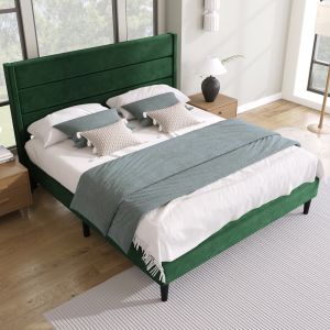 Cama estofada 140x200cm com cabeceira e estrado veludo – verde escuro