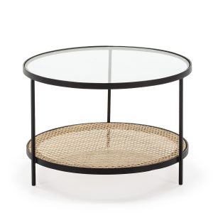 Mesa de centro 66x66x45 em vidro, rattan e metal preto.