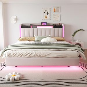 Cama casal estofada com LED usb e arrumação 160x200cm bege