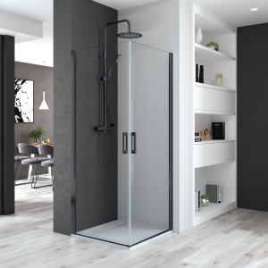 Ecrã de duche 2 portas dobráveis 85 + 70cm preto transparente
