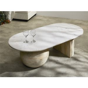Mesa de centro sextans em madeira de manga com tampo de mármore 120x60x36cm