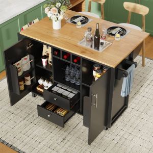 Ilha de cozinha com mesa dobrável em mdf e metal preta 137,9 cm