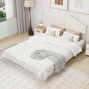 Cama estofada 160x200cm estrutura ripada tecido metal – bege