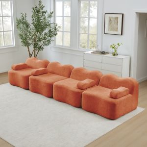 Sofá modular 4 lugares em veludo laranja com assento profundo