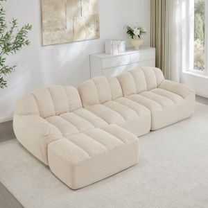 Sofá modular em l com otomana em fleece granulado bege branco