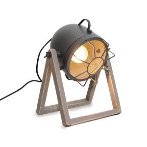 Lâmpada de mesa vintage cinza, madeira e metal com cabeçote ajustável E27