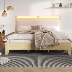 Cama de casal 140x200cm com arrumação e LED tecido cotelê madeira – bege
