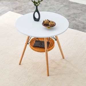 Mesa de jantar redonda com cesto branco madeira 80cm