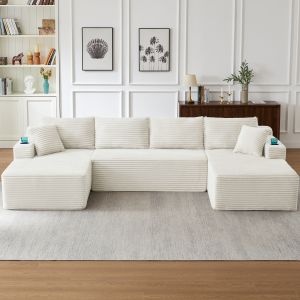 Sofá modular em u em cotelê bege 3 lugares sem montagem