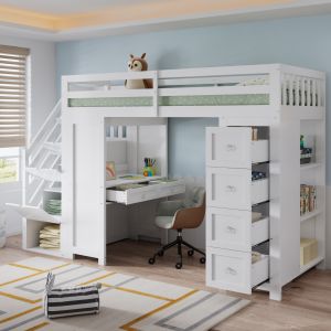 Cama elevada infantil 90x200cm com mesa e arrumação madeira mdf – branco
