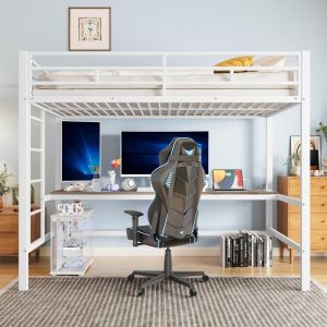 Cama alta infantil 90x200cm, secretária, LED, usb, tomada, branca