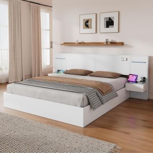 Cama de casal em madeira 180x200cm com usb, LED e 2 mesas, branca