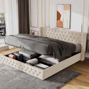 Cama estofada 180x200cm com arrumação hidráulica veludo – cor bege