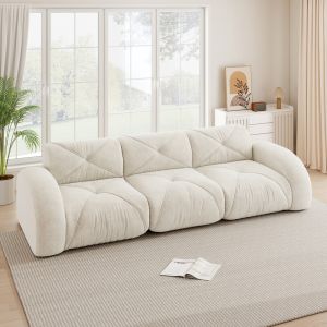 Sofá modular 3 lugares em chenille bege claro para sala
