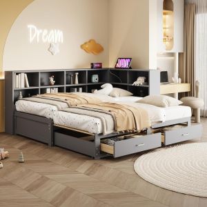 Sofá-cama extensível 90x190 a 180x190 cm, gavetas, tomada, cinzento