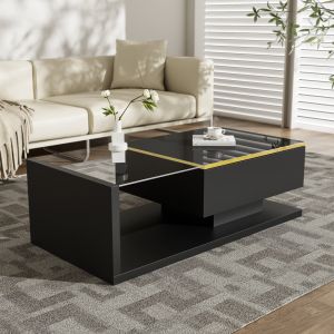 Mesa de centro preta com vidro e LED 32,5x100x50cm