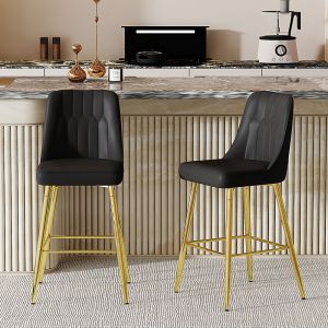 Conjunto de 2 bancos de bar em pu preto e dourado com encosto