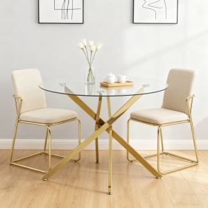 Mesa de jantar redonda vidro e metal dourado 76x80x80cm