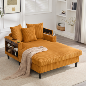 Chaise longue em bombazina mostarda com LED usb arrumação e porta copos