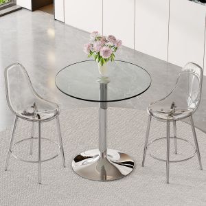 Conjunto de bar com mesa de vidro e 2 bancos transparentes prateado