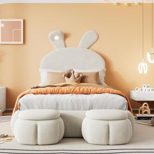 Cama infantil 90x200 cm, orelhas de coelho, LED regulável, bege