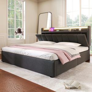 Cama estofada 140x200cm com arrumação e LED linho – cinzento