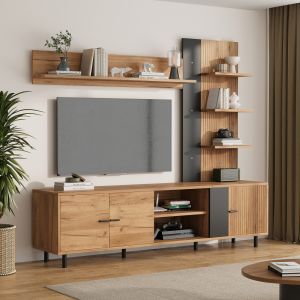 Móvel de tv com 3 armários e prateleiras preto e madeira 167x187,5x40cm