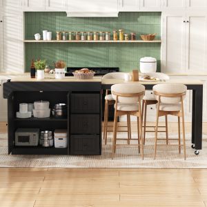 Ilha de cozinha com rodas 3 gavetas preto 93x186,8x45cm