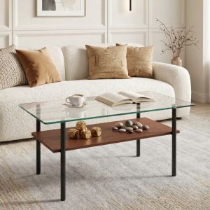 Mesa de centro em vidro com prateleira em mdf preta 45x98x58cm