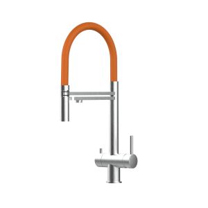 Grifo cocina 3 vías acero inox ducha 2 chorros amovible, cepillado/naranja