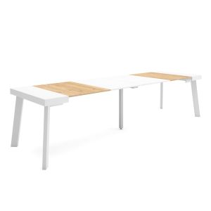 Mesa extensível, 58/302x90x73cm, carvalho e branco, pés de madeira rf3103