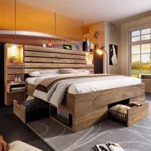 Cama 180x200 cm com LED, usb, 3 gavetas e mesas, metal, sem colchão