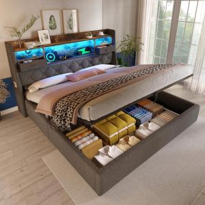 Cama 140x190cm, baú hidráulico, LED, 4 portas de carga, cinzento
