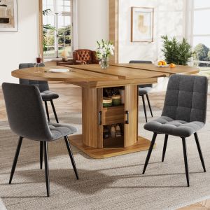 Conjunto mesa extensível com cadeiras em linho preto castanho escuro