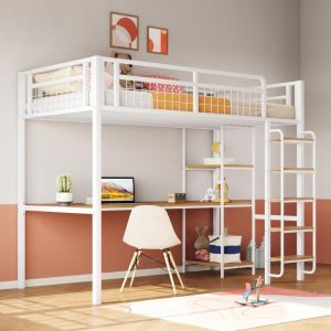 Cama alta metálica 90x200cm com escada,secretária e prateleiras branca