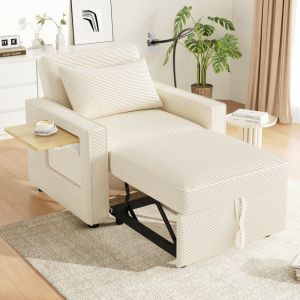 Sofá-cama individual bombazina bege usb mesa lateral encosto reclinável