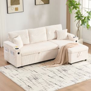 Sofá-cama com chaise longue bombazina bege 3 lugares arrumação usb-c