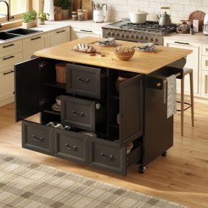 Ilha de cozinha dobrável com rodas 2 portas 5 gavetas preto 93x120x73cm